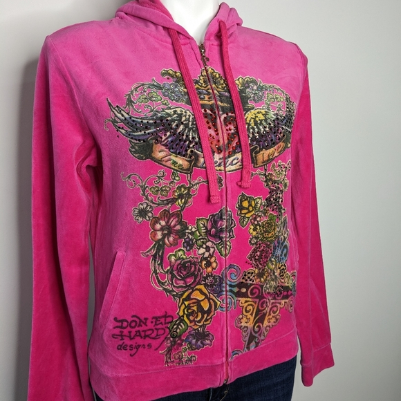 Ed Hardy Y2K pink velvet rhinestone heart wings flowers zip up hoodie L - Picture 4 of 11
